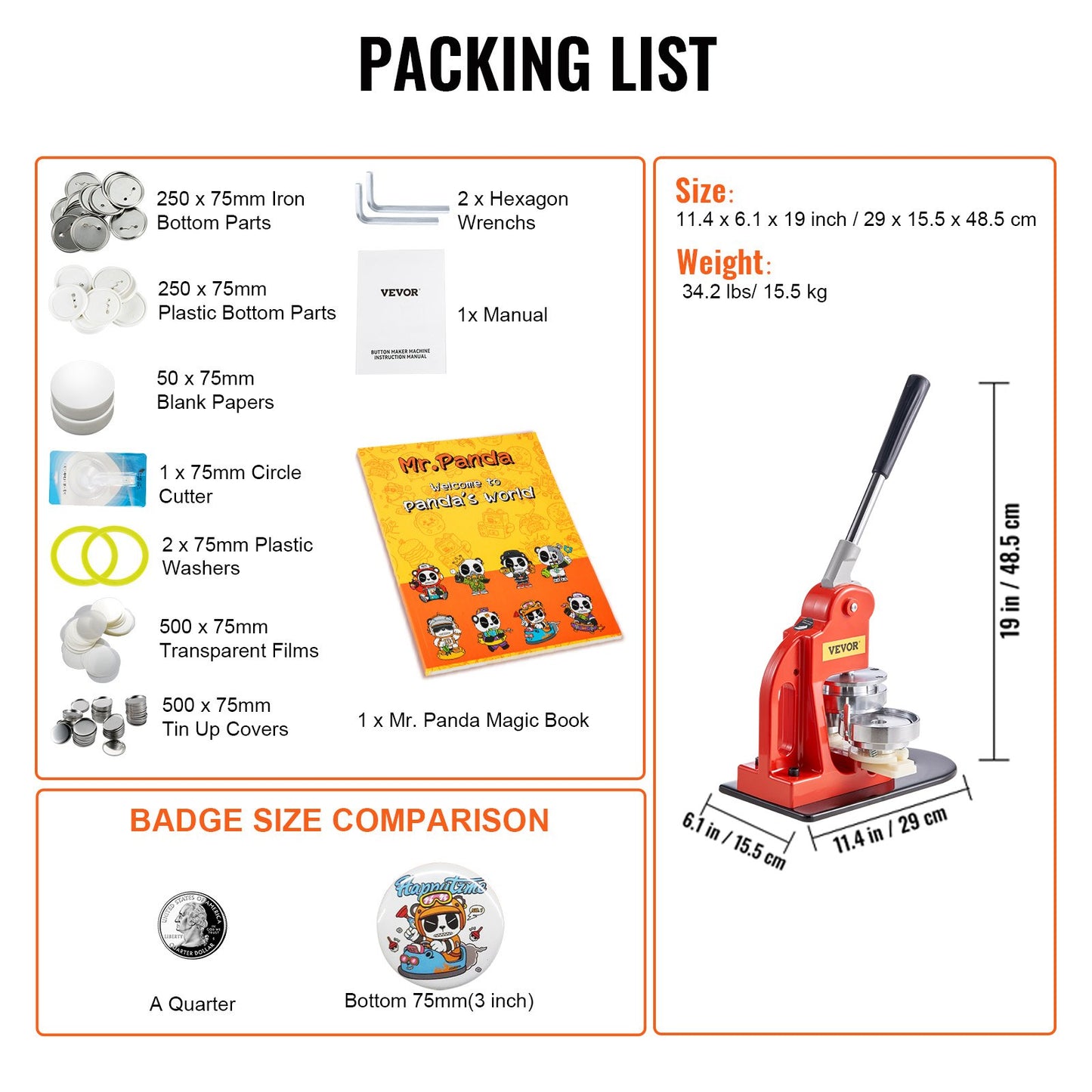 Knappmaskin, 75 mm (3 tum) stanspress för märkestryck, barn DIY-presenter nåltillverkare, knapptillverkningstillbehör med 500 st knappdelar & cirkelskärare & magisk bok