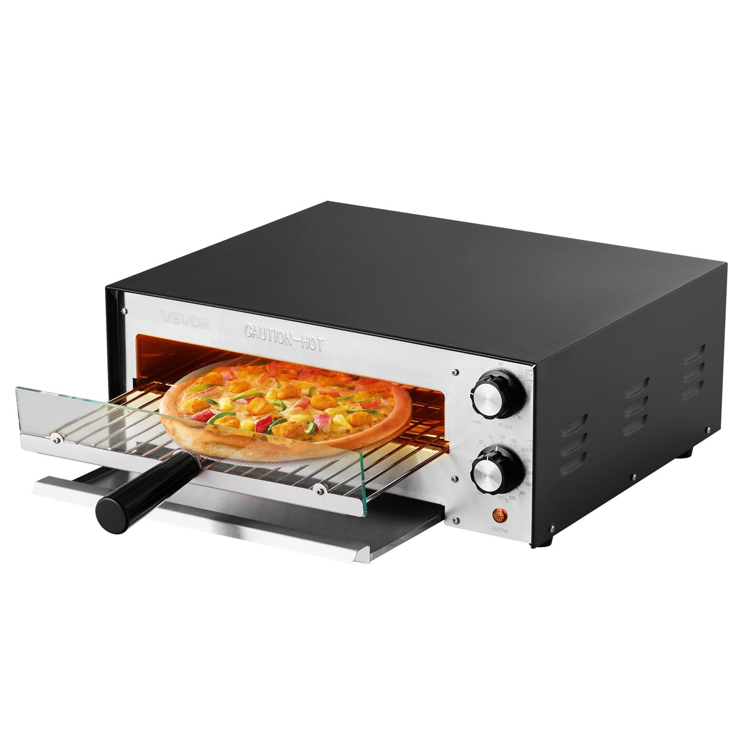 Elektrisk pizzaugn, 30 cm bänkskiva, maxtemperatur 190°C, 1450 W inomhuspizzamaskin med timer och temperaturkontroll, pizzakokare med dubbla värmerör, smulform, för matsal och hemmakök