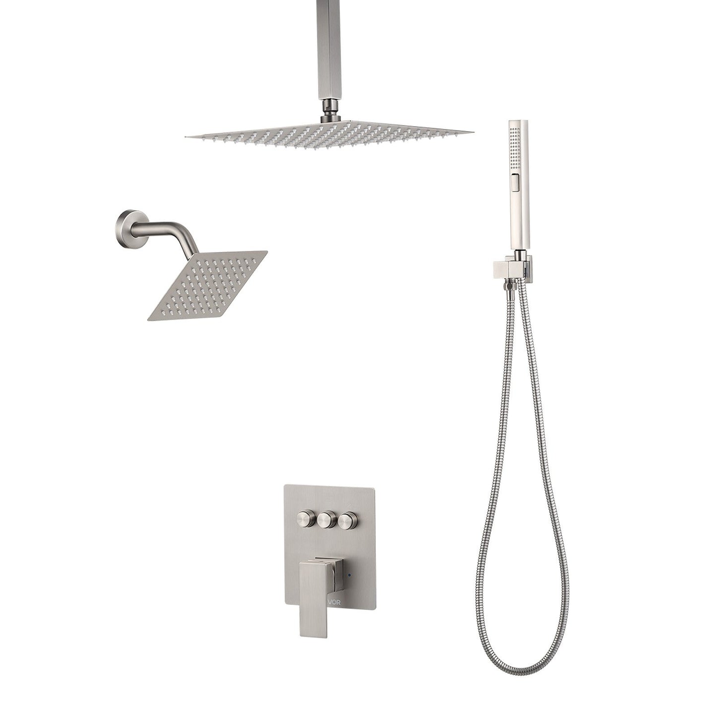 Duschblandareset, 254 mm takmonterat regnduschsystem med 152 mm väggmonterat huvud och 2-i-1 handdusch, roterbart 3-funktions dubbelt regnduschhuvud, mässingsventil och tillbehör, borstad nickel