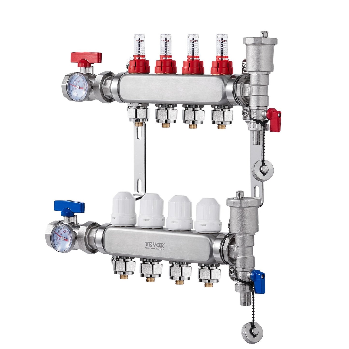 4-grenad värmestrålningsgrenrör, 1/2" PEX-rörgrenrör, PEX-grenrör i rostfritt stål för vattenburen golvvärme, PEX-grenrörssats för värmestrålning med 1/2" adaptrar ingår