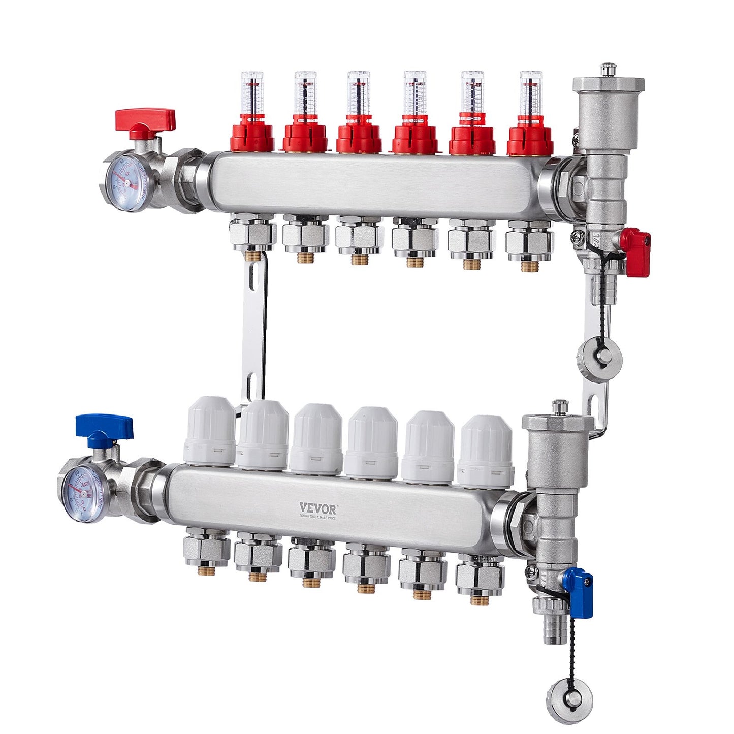 6-grenad värmestrålningsgrenrör, 1/2" PEX-rörgrenrör, PEX-grenrör i rostfritt stål för vattenburen golvvärme, PEX-grenrörssats för värmestrålning med 1/2"-adaptrar ingår