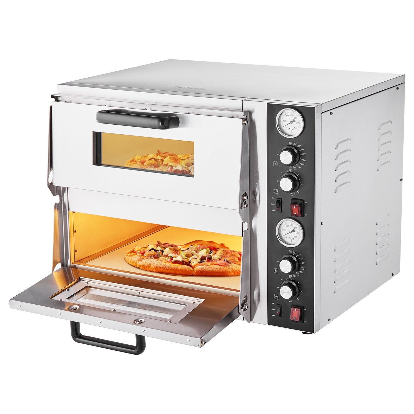 Elektrisk pizzaugn, 45 cm dubbeldäckad kommersiell bänkpizzaugn, maxtemperatur 290°C, inomhuspizzamaskin med termometer, oberoende övre och nedre temperaturkontroll och timer för hemmarestaurang