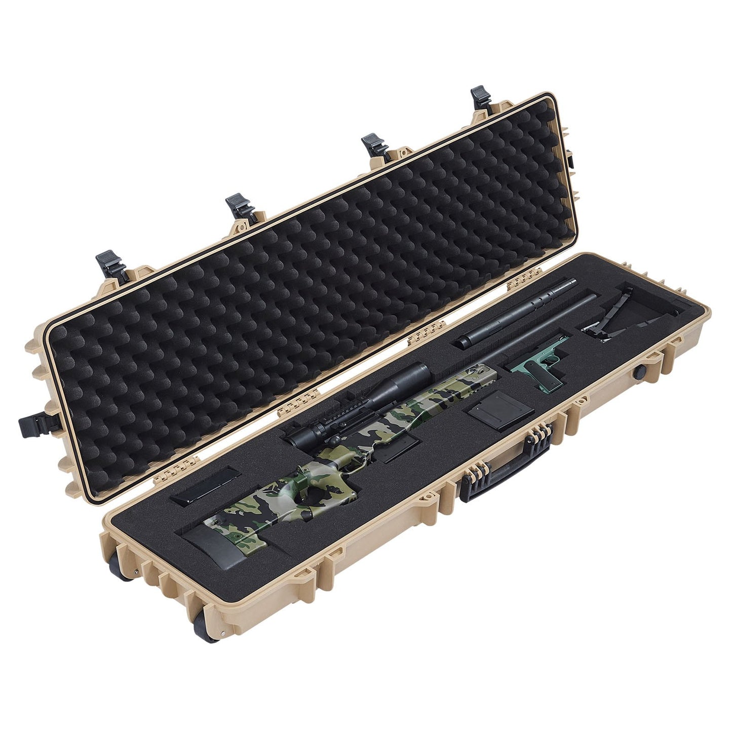 Hård gevärsväska, låsbar gevärsväska med förskurna skum, 1270 mm flyttbar vapenförvaring med hjul, IP67 vattentät och dammtät pistolförvaring för gevär, hagelgevär, airsoftvapen, kaki