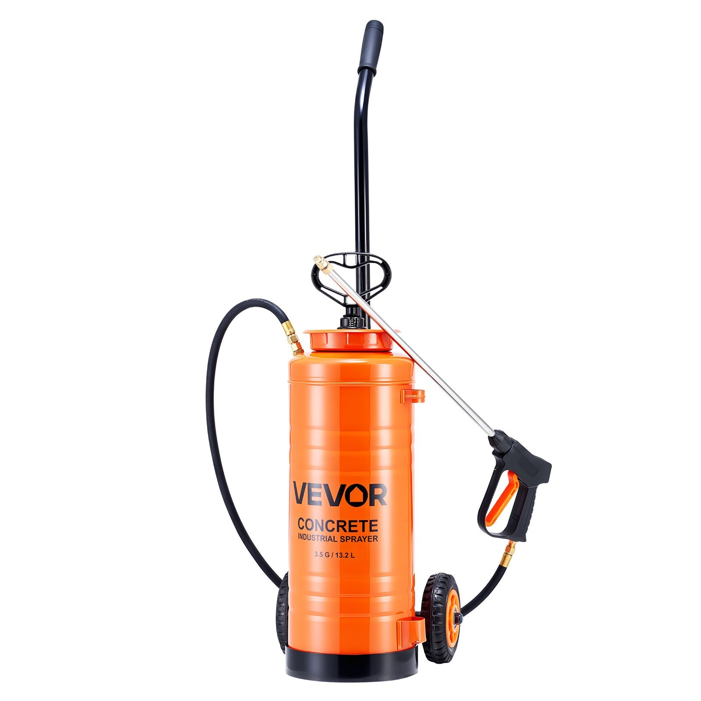 Industriell betongspruta med hjulvagn, 14L spruta i rostfritt stål, kraftiga trippelsprutor med pump, 52 cm skaft, 1,2m och 3m slangar, 2 mässingsmunstycken för bygg, gräsmatta och trädgård
