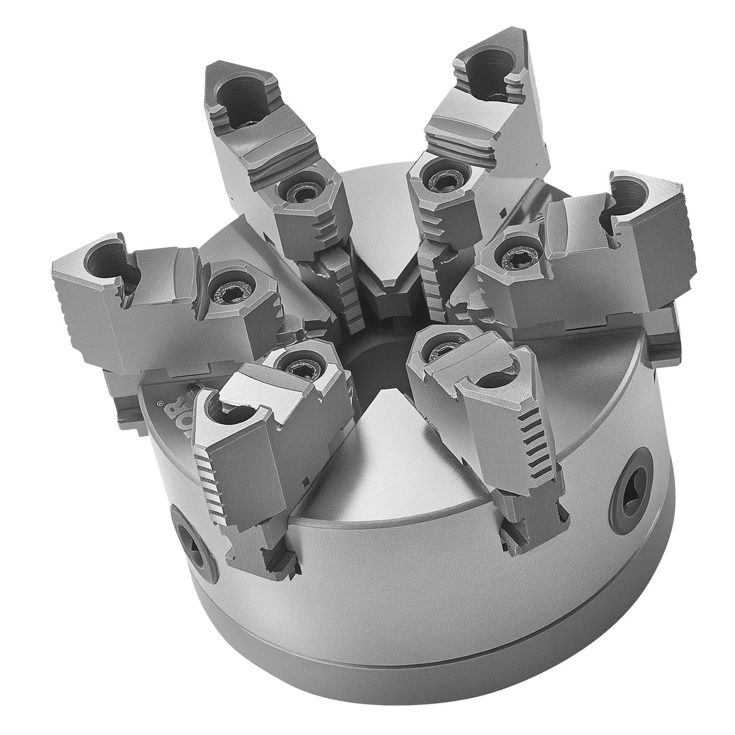 6-käftad svarvchuck, 6 tum (160 mm), självcentrerande chuck med D1-4 kamlåsplatta, 0,12-5,71 tum (3-145 mm) spännområde med T-nyckelskruvar, HT300-material, för trä- och metallsvarv