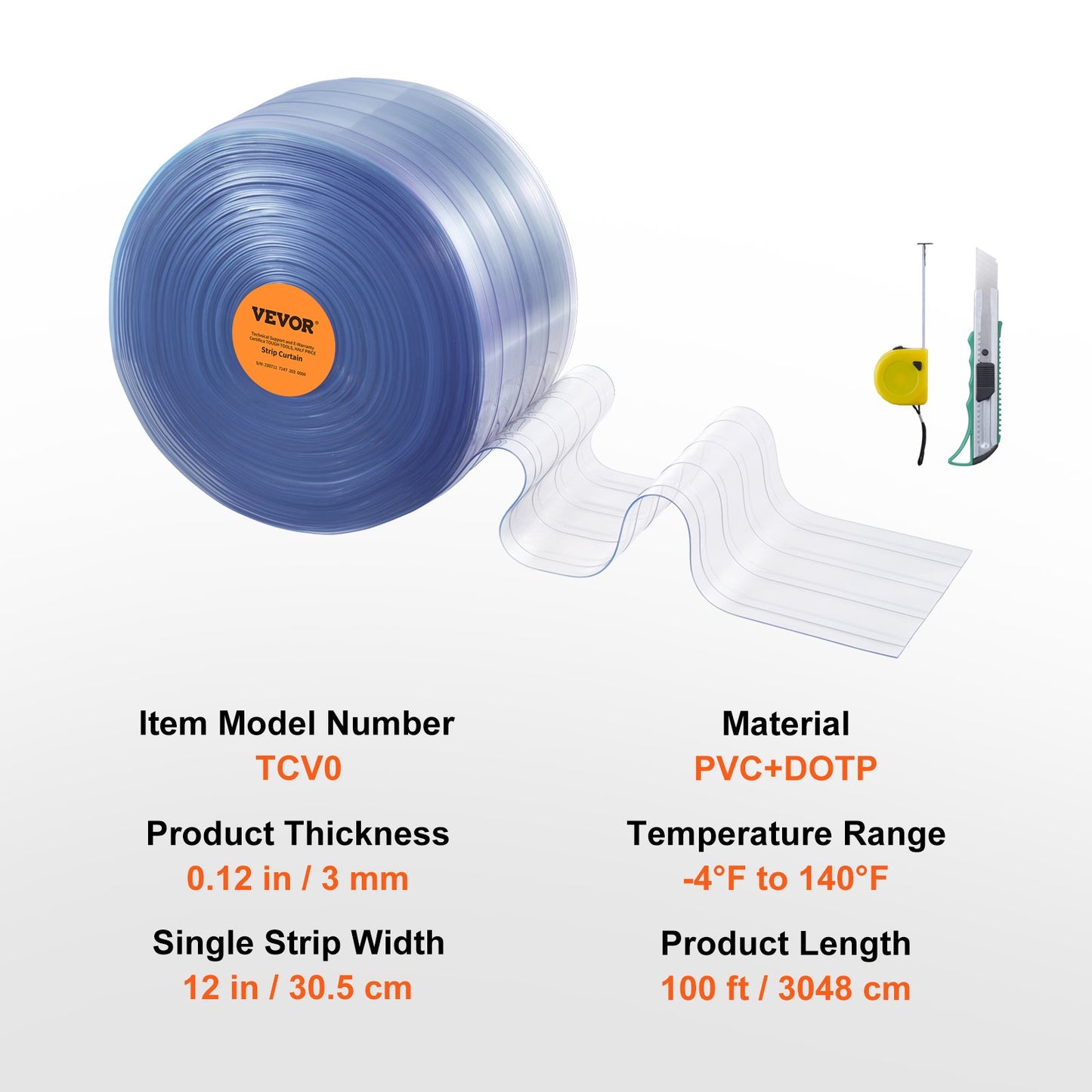 Gardinremsa, 100 fot längd x 12 cm bredd x 0,12 cm tjocklek, genomskinlig ribbad PVC-gardinremsa för dörröppning, bulkrulle, plastdörrlister för dörröppning till stormarknad, garage, lager, ladugård, husdjurshus