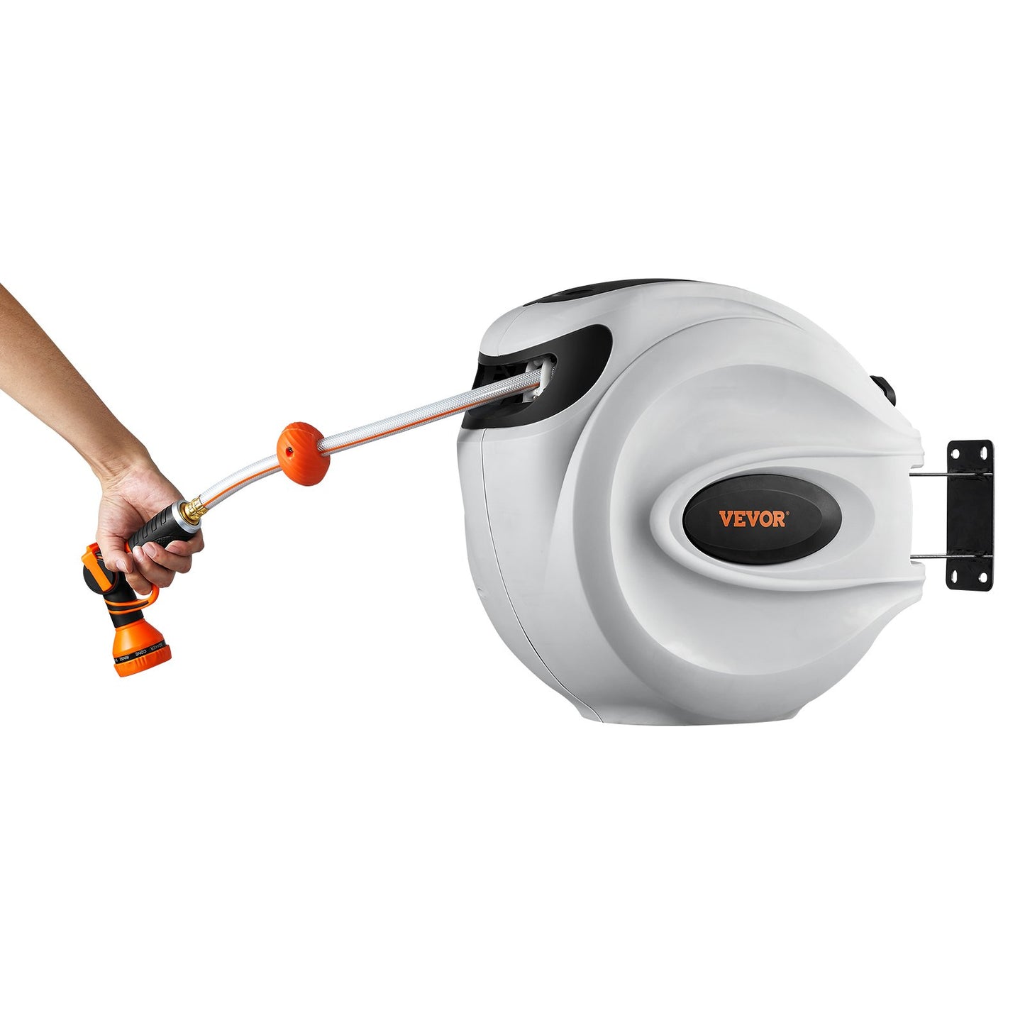 Indragbar trädgårdsslangvinda, 1/2" x 131,23 ft väggmonterad slangvinda, kraftig trädgårdsslangvinda med 9 mönstermunstycke, lås för valfri längd, automatiskt återupprullningssystem med långsam retur och 180° vridbart fäste