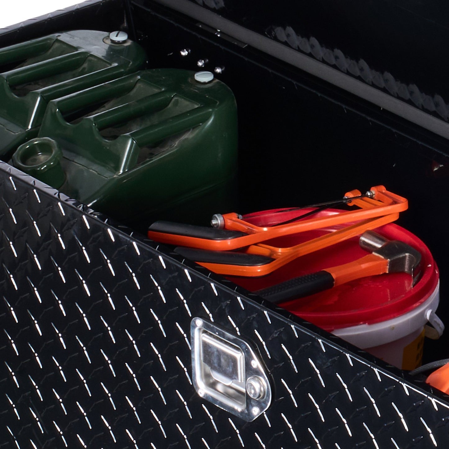 Kraftig verktygslåda i aluminium för lastbilsflak, diamantplåtsverktygslåda med sidohandtag och låsnycklar, förvaringslåda för släpvagn, pickup, husbil, 49"x15"x15"(1244,6x381x381mm), svart