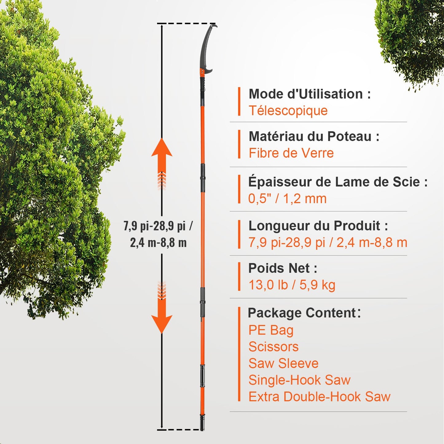 Manuell stångsåg, 2,2-8,2 m utdragbar trädsekatör, vasst stålblad och sax för beskärning av höga grenar, grentrimmer med lätta 2,4 m glasfiberhandtag, för beskärning av palmer och buskar