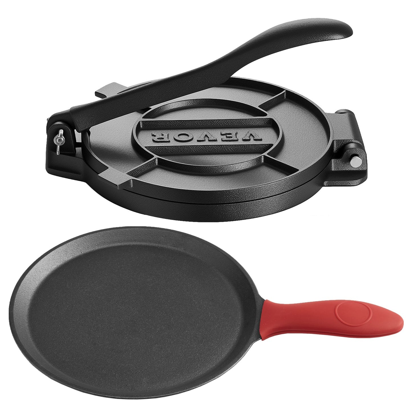 Tortillapress, 8-tums gjutjärnstortilla- och rotimaskin, kraftig tortilladorapress, pataconera-maskiner med handtag och 100 st bakplåtspapper, degtacopress för mjöltortilla, tawa