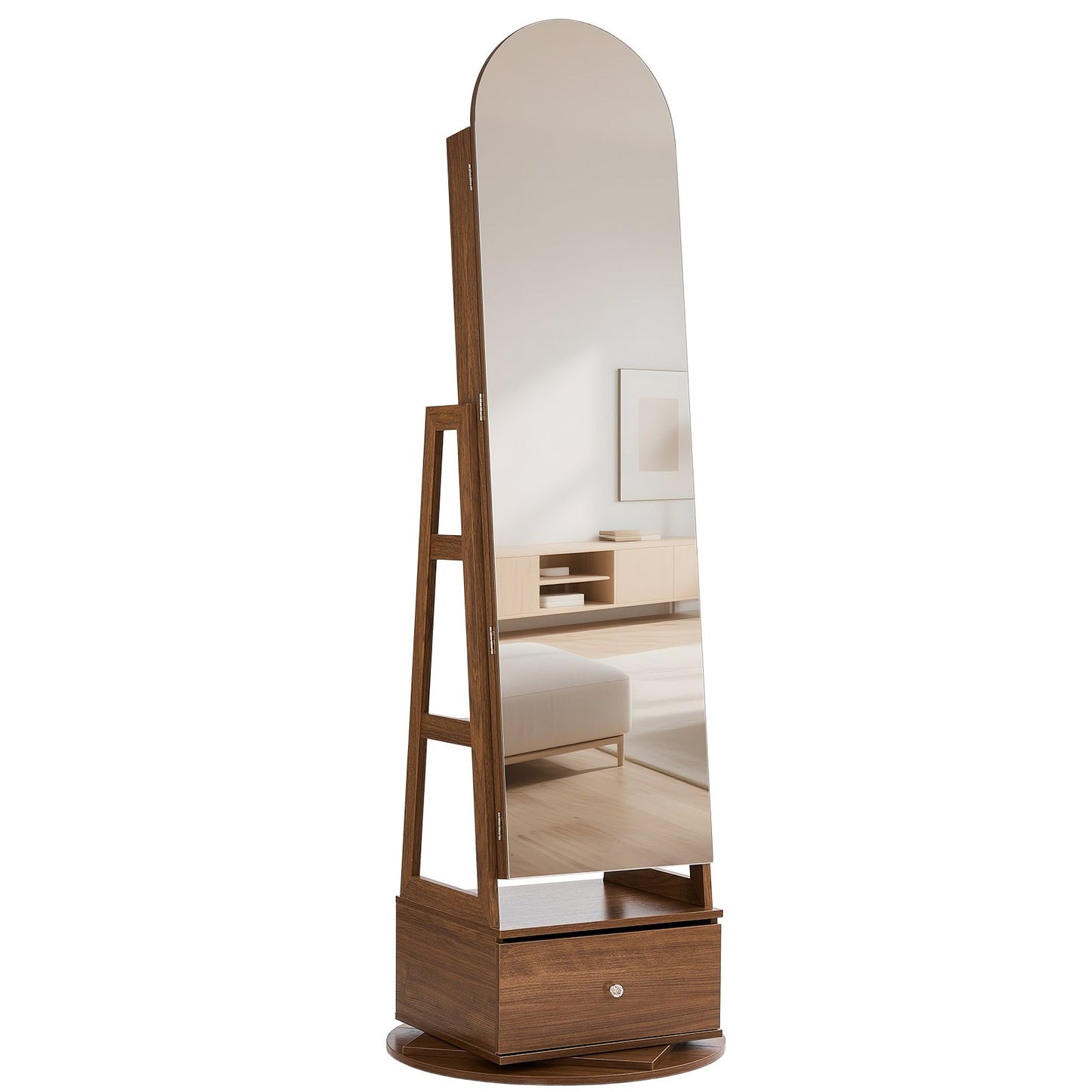 360° vridbart smyckesskåp, 1655 mm högt, helfigursspegel med förvaring, stående roterbar smyckesskåp, låsbar med 2 nycklar, tillbehörsfickor, förvaringshyllor och låda