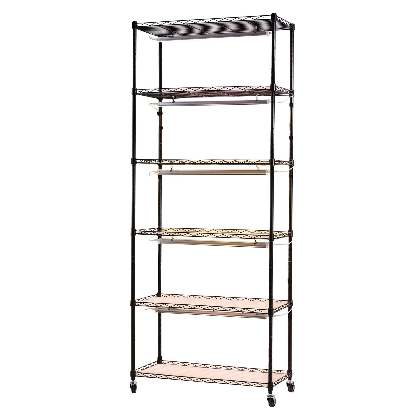 Växthylla med odlingslampa, 6-vånings inomhusväxtställ, 180 cm högt växtställ med hjul och 4/9/14 timmars timer, 150 W 3-färgs fullspektrum odlingslampor, blomkrukahållare för frösådd