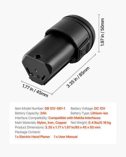 Litiumjonbatteri, 12V 2Ah, Bärbart litiumbatteripaket för utbyte, med universaladapter, Lätt att bära, Kompatibel med Makita Interfaces, Sladdlös elektrisk handhyvel, 1-pack