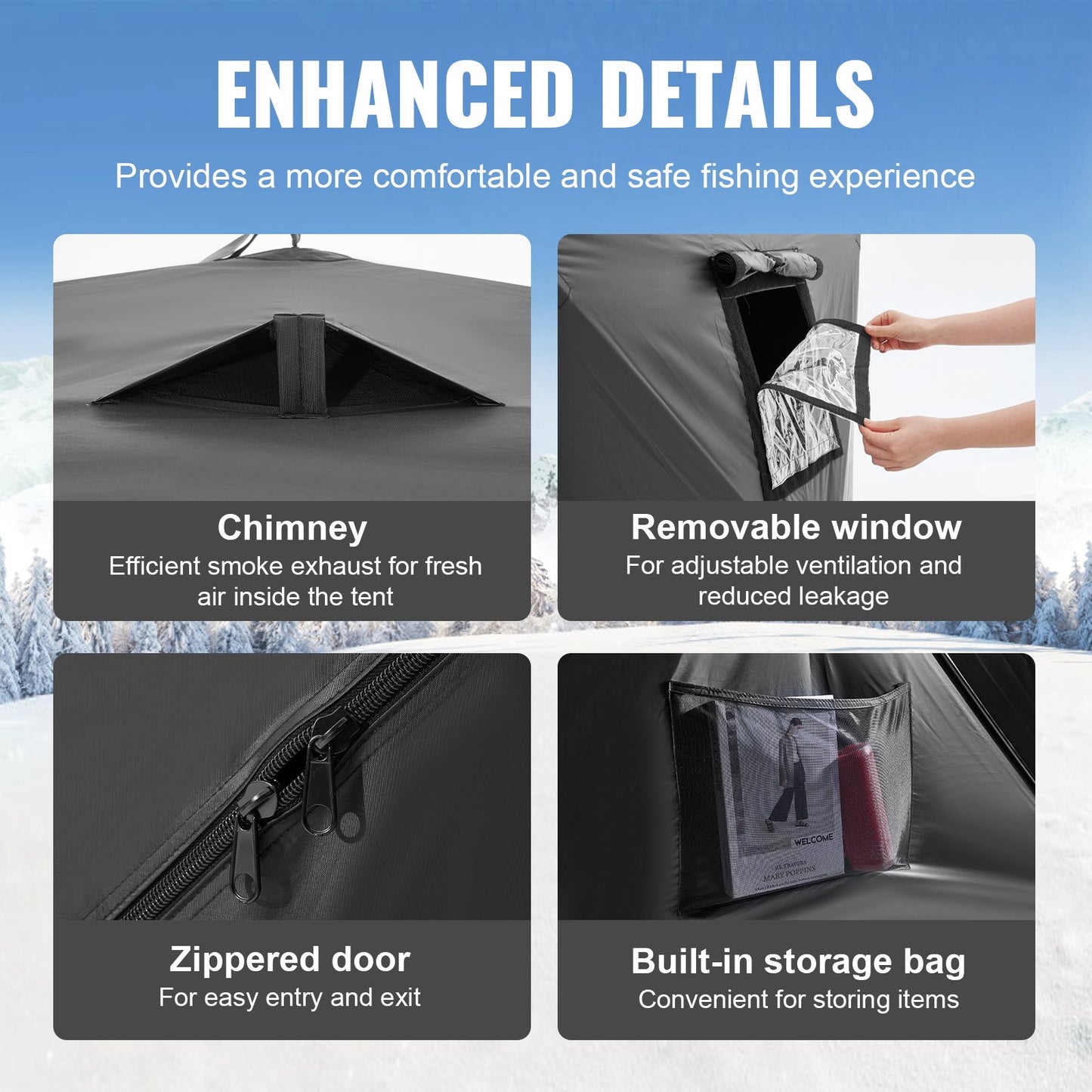 Bärbart isskydd, 6-8 personers popup-isfisketält, 70 kvadratfot fiskyta, isskydd för vinterfiske, vattentät Oxford-isbit med ankare/rep/bärväska, 142"x71" svart