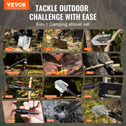 Överlevnadsspade, 8 i 1 campingspade hopfällbar multiverktyg, militärklassad bärbar kompakt taktisk spade, multifunktionell för terrängkörning, camping, vandring, utomhus, överlevnad och nödsituationer