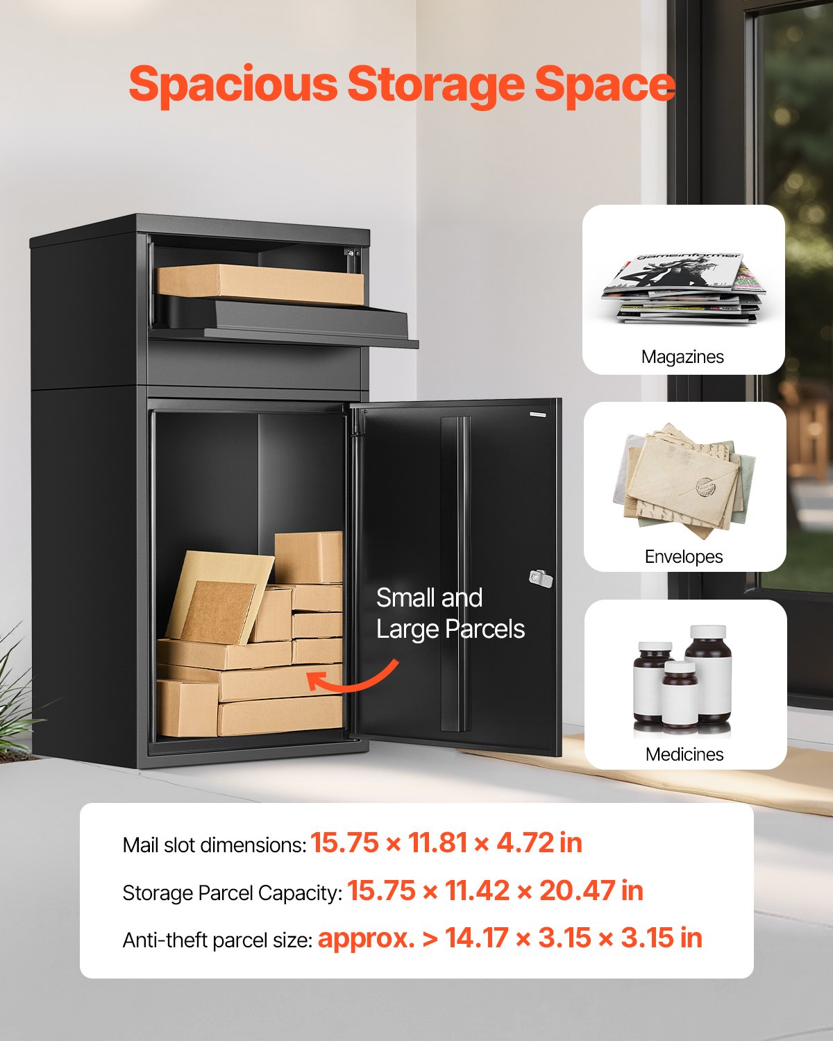 Paketleveranslådor för utomhusbruk, 35,8 tums brevlåda för paket med lås, paketlåda i galvaniserat stål med stöldskydd, väderbeständig paketbrevlåda för hem och kontor, svart