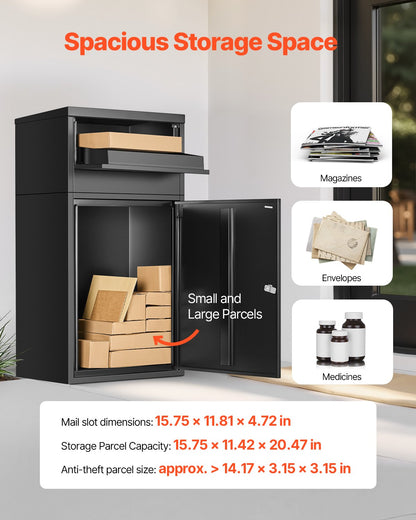 Paketleveranslådor för utomhusbruk, 35,8 tums brevlåda för paket med lås, paketlåda i galvaniserat stål med stöldskydd, väderbeständig paketbrevlåda för hem och kontor, svart