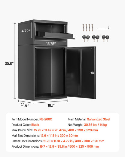 Paketleveranslådor för utomhusbruk, 35,8 tums brevlåda för paket med lås, paketlåda i galvaniserat stål med stöldskydd, väderbeständig paketbrevlåda för hem och kontor, svart