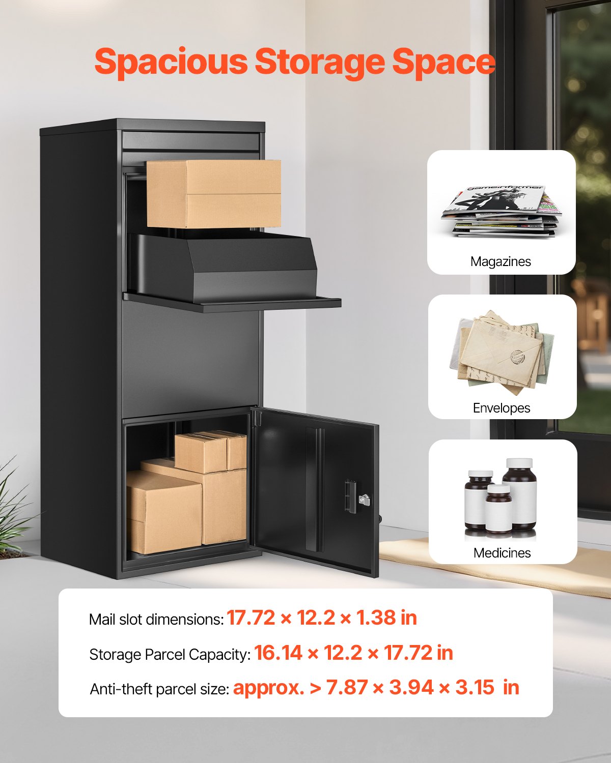 Paketleveranslådor för utomhusbruk, 47,2 tums brevlåda för paket med lås, paketlåda i galvaniserat stål med stöldskydd, väderbeständig paketbrevlåda för hem och kontor, svart
