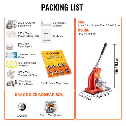 Knappmaskin, 75 mm (3 tum) stanspress för märkestryck, barn DIY-presenter nåltillverkare, knapptillverkningstillbehör med 500 st knappdelar &amp; cirkelskärare &amp; magisk bok