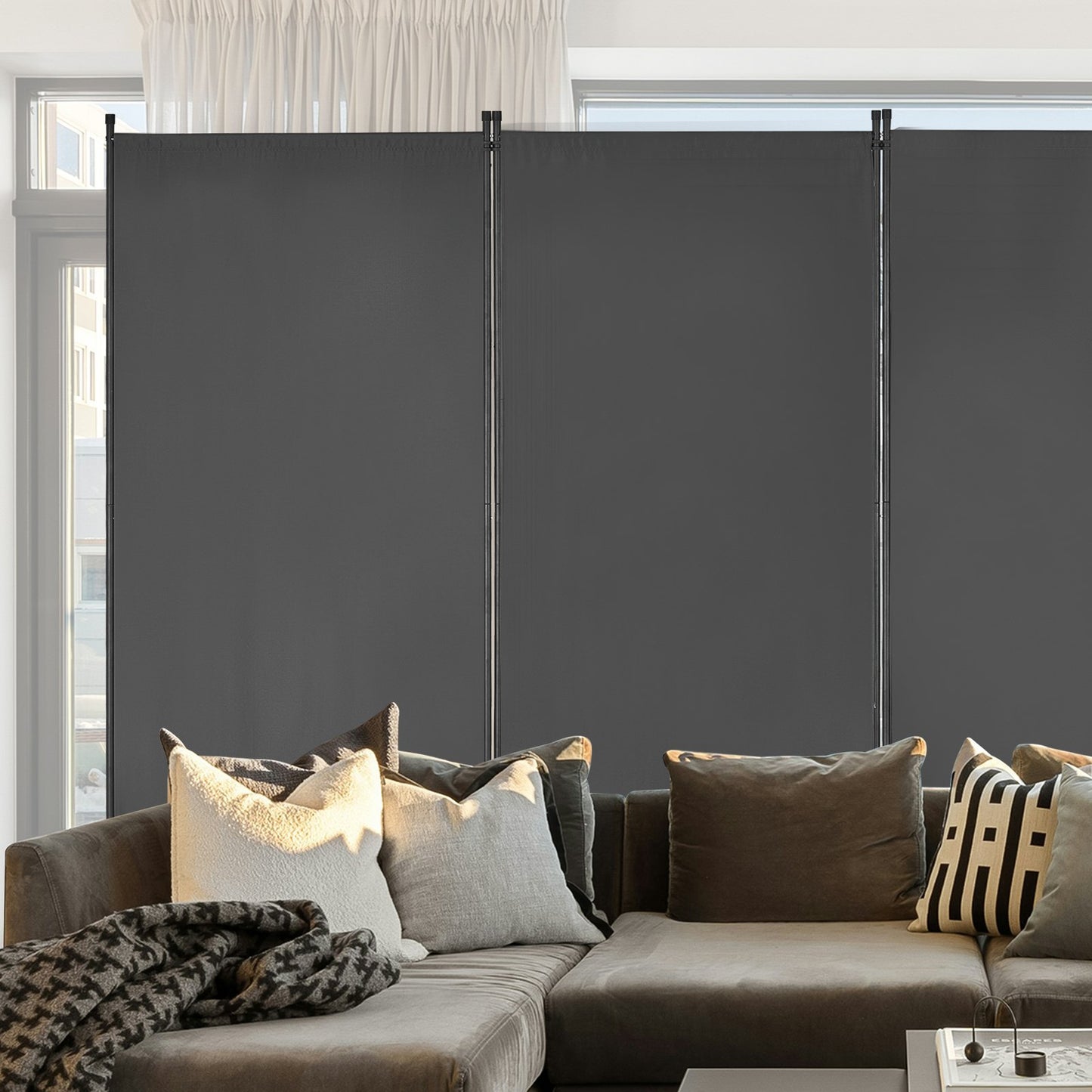 Rumsavdelare, 3 paneler rumsavdelare, hopfällbar skärm och bärbar skiljevägg för rumsavskiljning, fristående rumsavdelare för kontor, sovrum, arbetsrum, grå