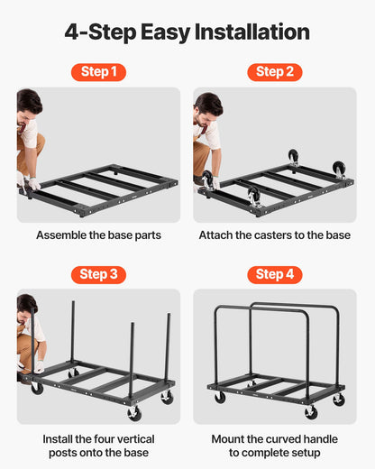 Gipsvagn, 816 kg lastkapacitet, stålplåtsvagn med 12,5 mm svänghjul, timmergipsvagn med surrband och 2 sidoräcken för fabrik, lager, garage, svart