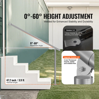 Ledstänger för utomhustrappor, 47,3 tum / 120 cm räckessats för vägggolv, räcken för utomhustrappor med installationssats, ledstänger för seniorer, verandaräcke och räckessats för altan, silver