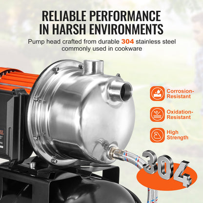 1193W (1,6 hk) brunnspump med trycktank, 83 l/min (1320 GPH), automatisk bevattningsvattenboosterpump med 19 liters (5 gallon) tank, 2/3,4 bar (30/50 psi) tryckbrytare, pumphuvud i rostfritt stål för trädgård och gräsmatta.