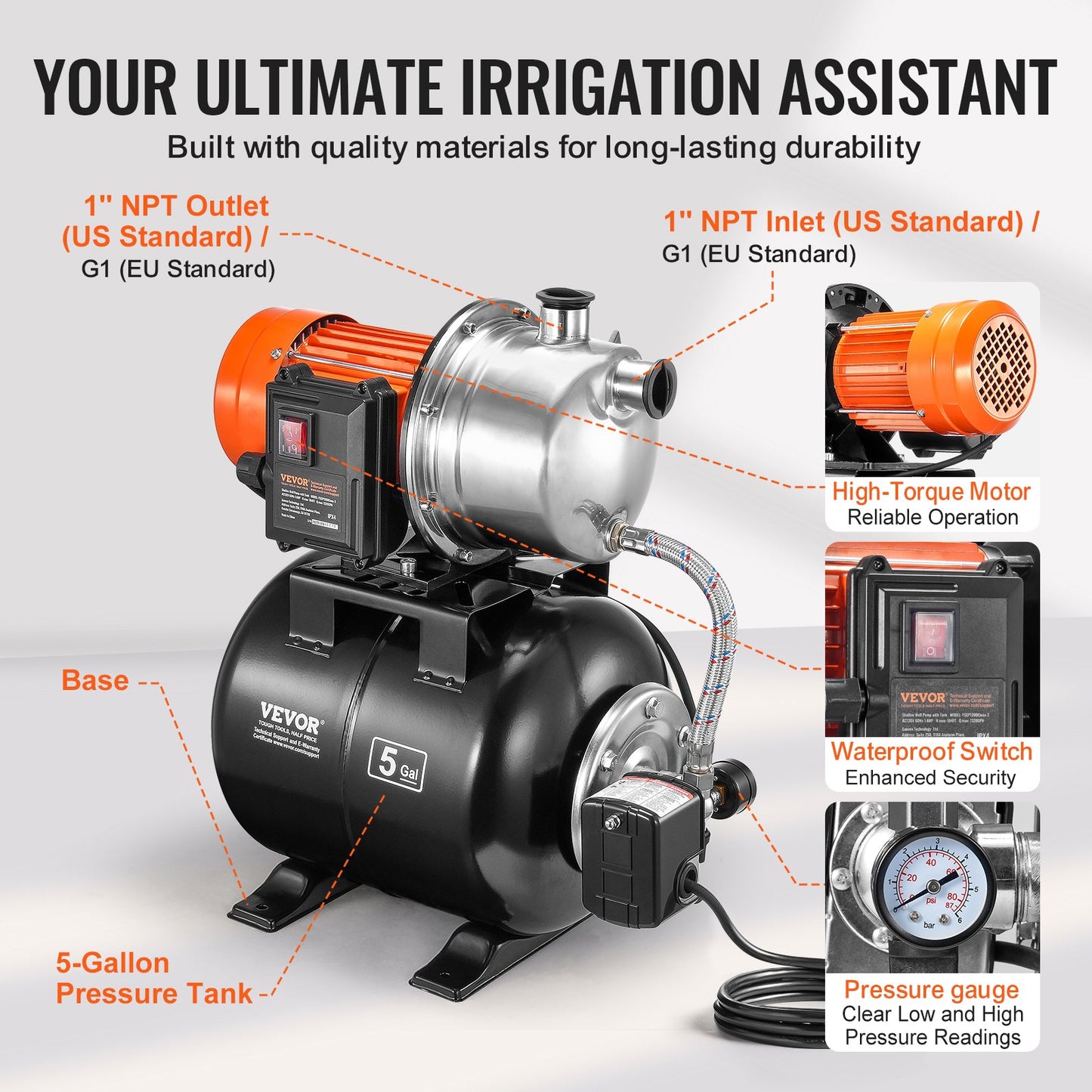 1193W (1,6 hk) brunnspump med trycktank, 83 l/min (1320 GPH), automatisk bevattningsvattenboosterpump med 19 liters (5 gallon) tank, 2/3,4 bar (30/50 psi) tryckbrytare, pumphuvud i rostfritt stål för trädgård och gräsmatta.