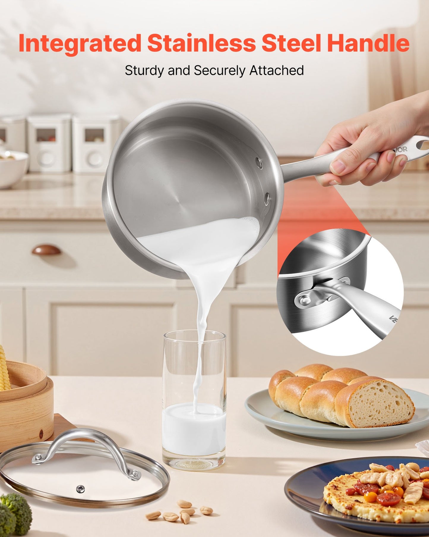 1,5 qt kastrull, rostfri kastrull med glaslock, multifunktionell nonstick-beläggningsbar liten såsgryta i rostfritt stål med ergonomiskt handtag, lämplig för ugn, diskmaskin, induktionshäll