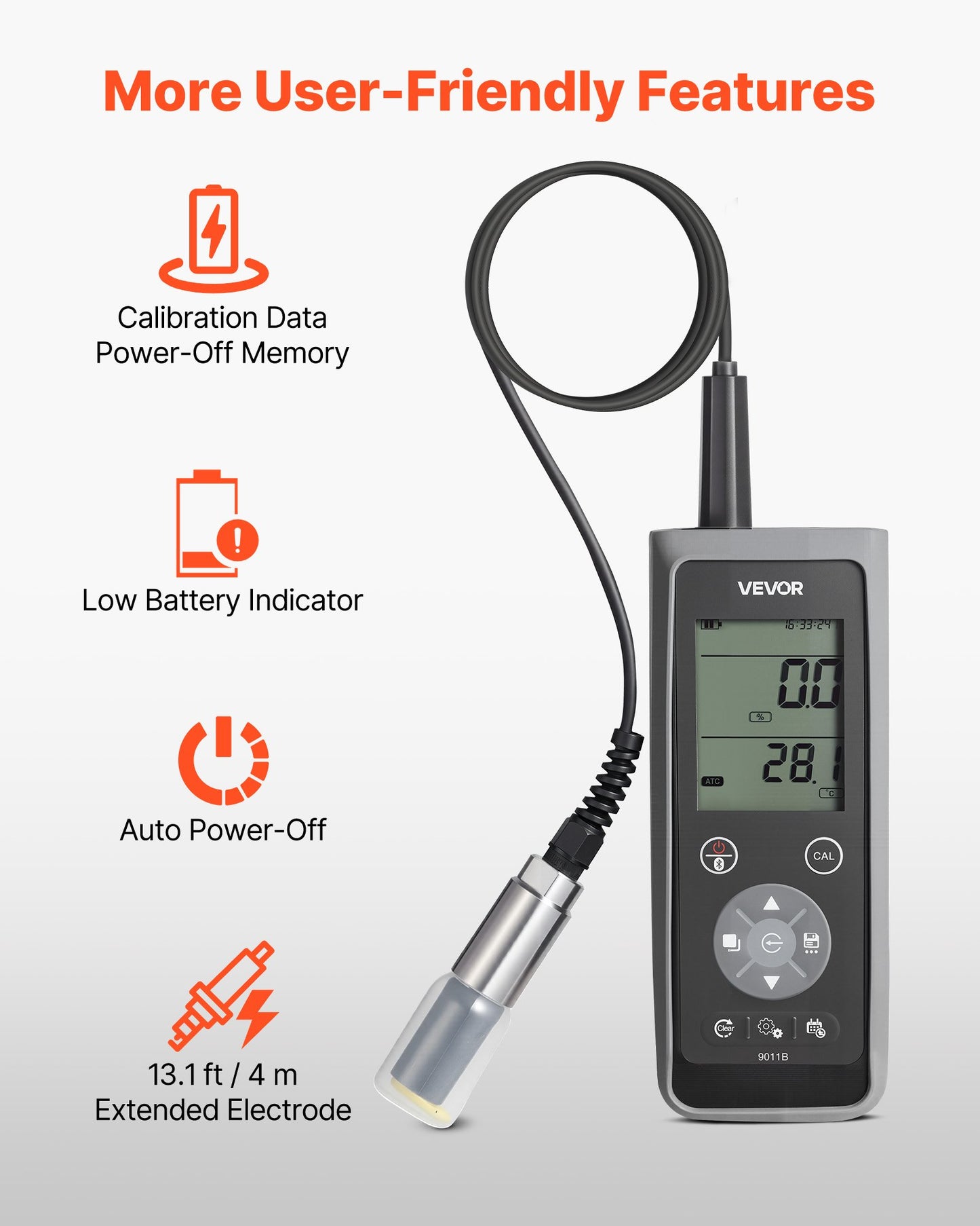 Mätare för löst syre, mätområde 0,0–50,0 mg/L, bärbart kit för mätning av löst syre med 4 m elektrodkabel, Bluetooth/USB-dataöverföring, lagring av 750 dataset, DO-mätare för dammar