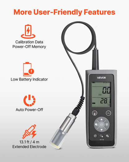 Mätare för löst syre, mätområde 0,0–50,0 mg/L, bärbart kit för mätning av löst syre med 4 m elektrodkabel, Bluetooth/USB-dataöverföring, lagring av 750 dataset, DO-mätare för dammar