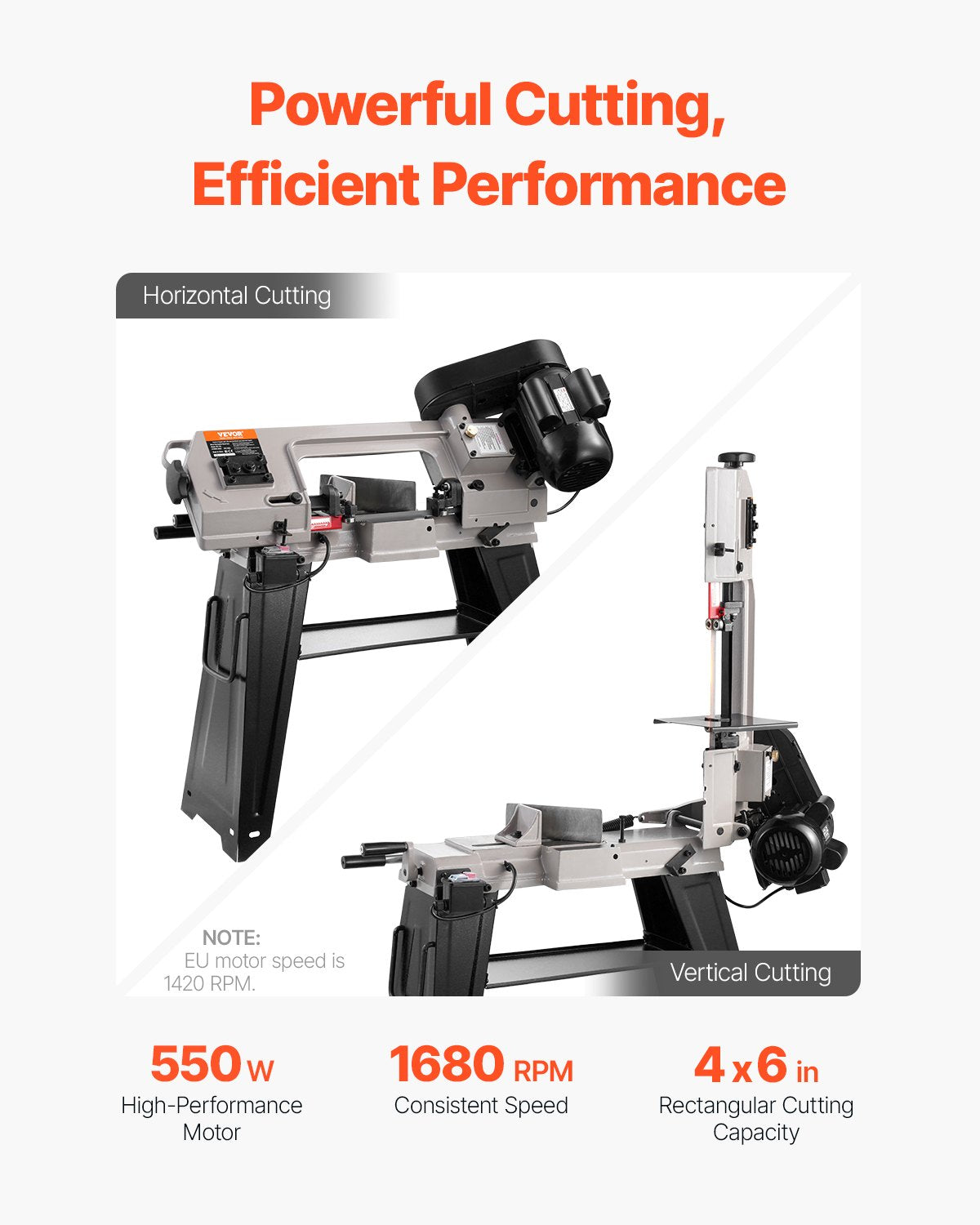 Horisontell bandsåg för metall, 102 x 152 mm (4 x 6 tum) rektangulär skärkapacitet, 220V vertikal bandsåg för metall med 550W motor, 0-45° vinkeljustering, variabel hastighet, för metall, trä och plast