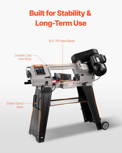 Horisontell bandsåg för metall, 102 x 152 mm (4 x 6 tum) rektangulär skärkapacitet, 220V vertikal bandsåg för metall med 550W motor, 0-45° vinkeljustering, variabel hastighet, för metall, trä och plast