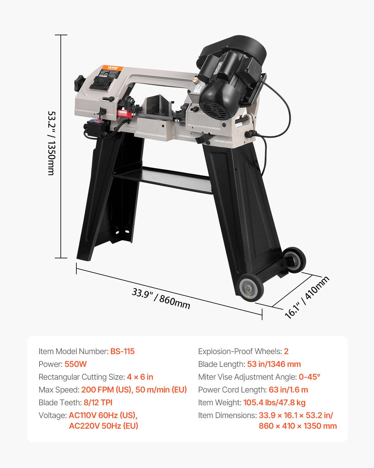 Horisontell bandsåg för metall, 102 x 152 mm (4 x 6 tum) rektangulär skärkapacitet, 220V vertikal bandsåg för metall med 550W motor, 0-45° vinkeljustering, variabel hastighet, för metall, trä och plast