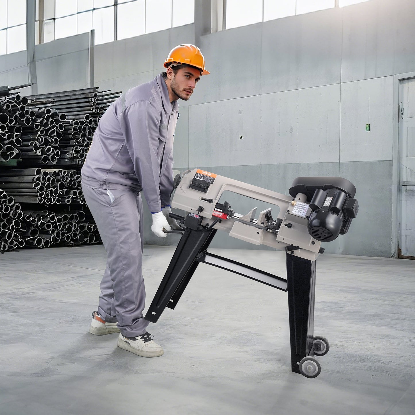 Horisontell bandsåg för metall, 102 x 152 mm (4 x 6 tum) rektangulär skärkapacitet, 220V vertikal bandsåg för metall med 550W motor, 0-45° vinkeljustering, variabel hastighet, för metall, trä och plast