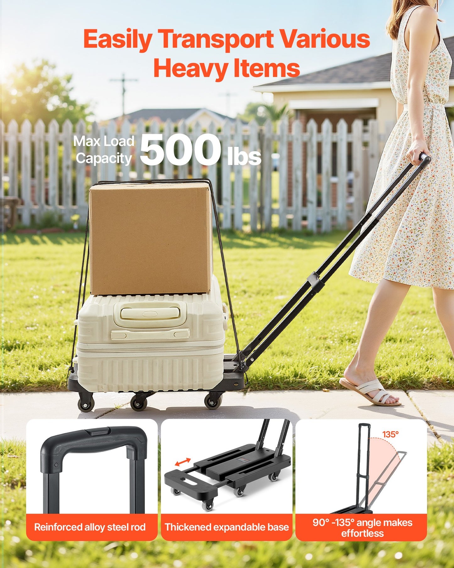 Hopfällbar säckvagn, 226,8 kg lastkapacitet, hopfällbar bagagevagn med 6 hjul, 2 elastiska rep och expanderbar bas, plattformsvagn för flygplatsresor, bagage, kontorsflytt, svart