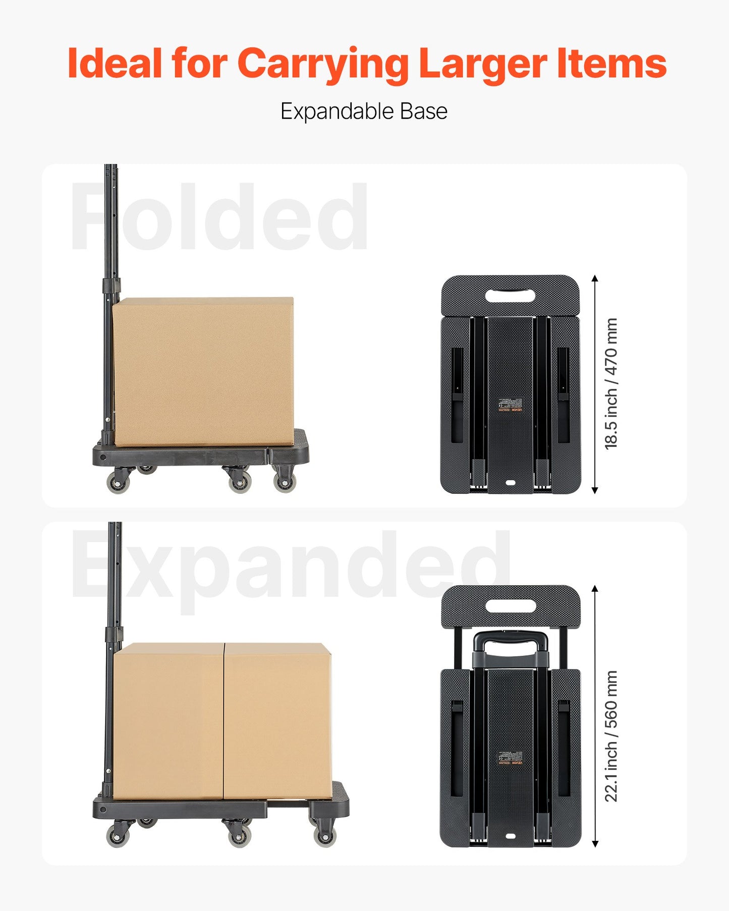 Hopfällbar säckvagn, 226,8 kg lastkapacitet, hopfällbar bagagevagn med 6 hjul, 2 elastiska rep och expanderbar bas, plattformsvagn för flygplatsresor, bagage, kontorsflytt, svart