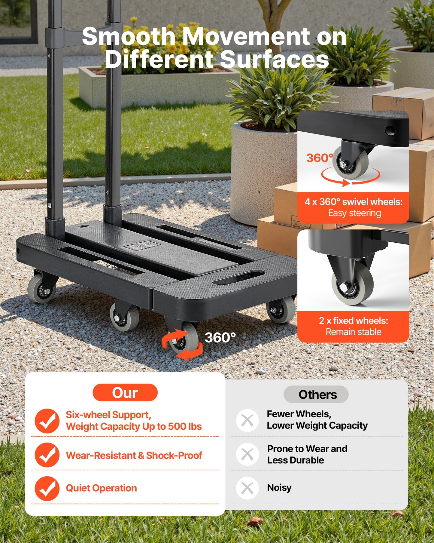 Hopfällbar säckvagn, 226,8 kg lastkapacitet, hopfällbar bagagevagn med 6 hjul, 2 elastiska rep och expanderbar bas, plattformsvagn för flygplatsresor, bagage, kontorsflytt, svart