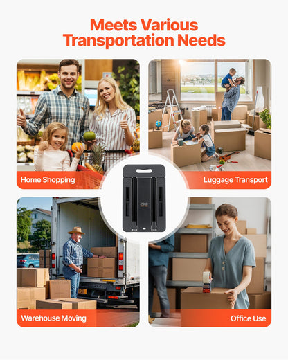 Hopfällbar säckvagn, 226,8 kg lastkapacitet, hopfällbar bagagevagn med 6 hjul, 2 elastiska rep och expanderbar bas, plattformsvagn för flygplatsresor, bagage, kontorsflytt, svart