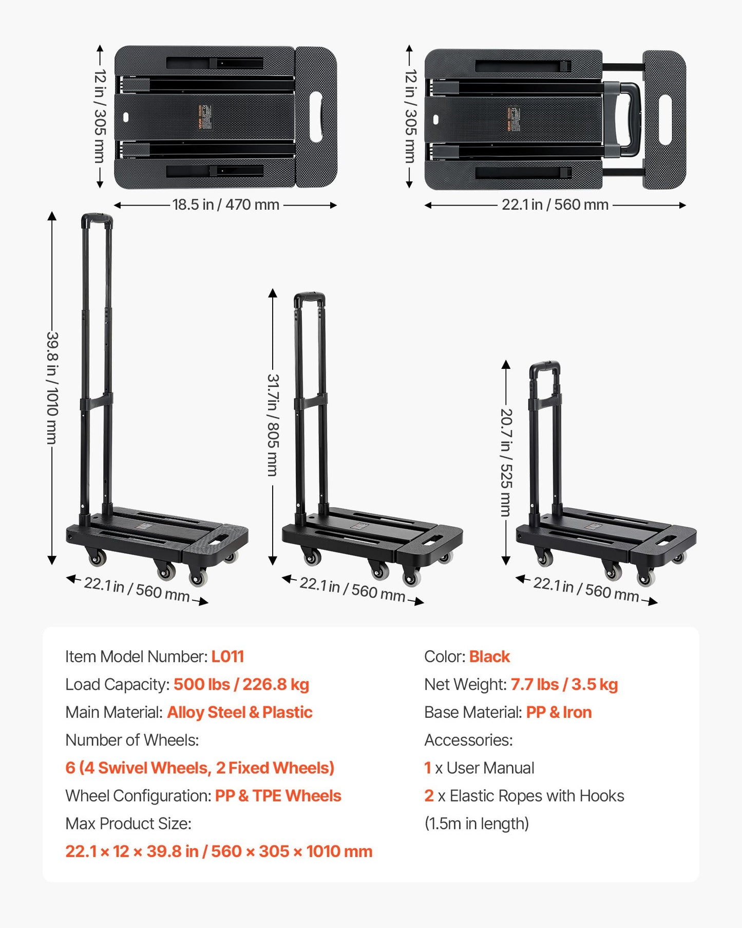 Hopfällbar säckvagn, 226,8 kg lastkapacitet, hopfällbar bagagevagn med 6 hjul, 2 elastiska rep och expanderbar bas, plattformsvagn för flygplatsresor, bagage, kontorsflytt, svart