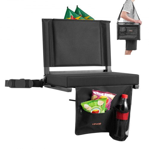 Stadionsits, Hopfällbar läktarstol med ryggstöd och tjock kudde, Vadderad stadionsits för läktare Inkluderar axelrem, krokar, mugghållare och sidoficka, Svart läktarstol