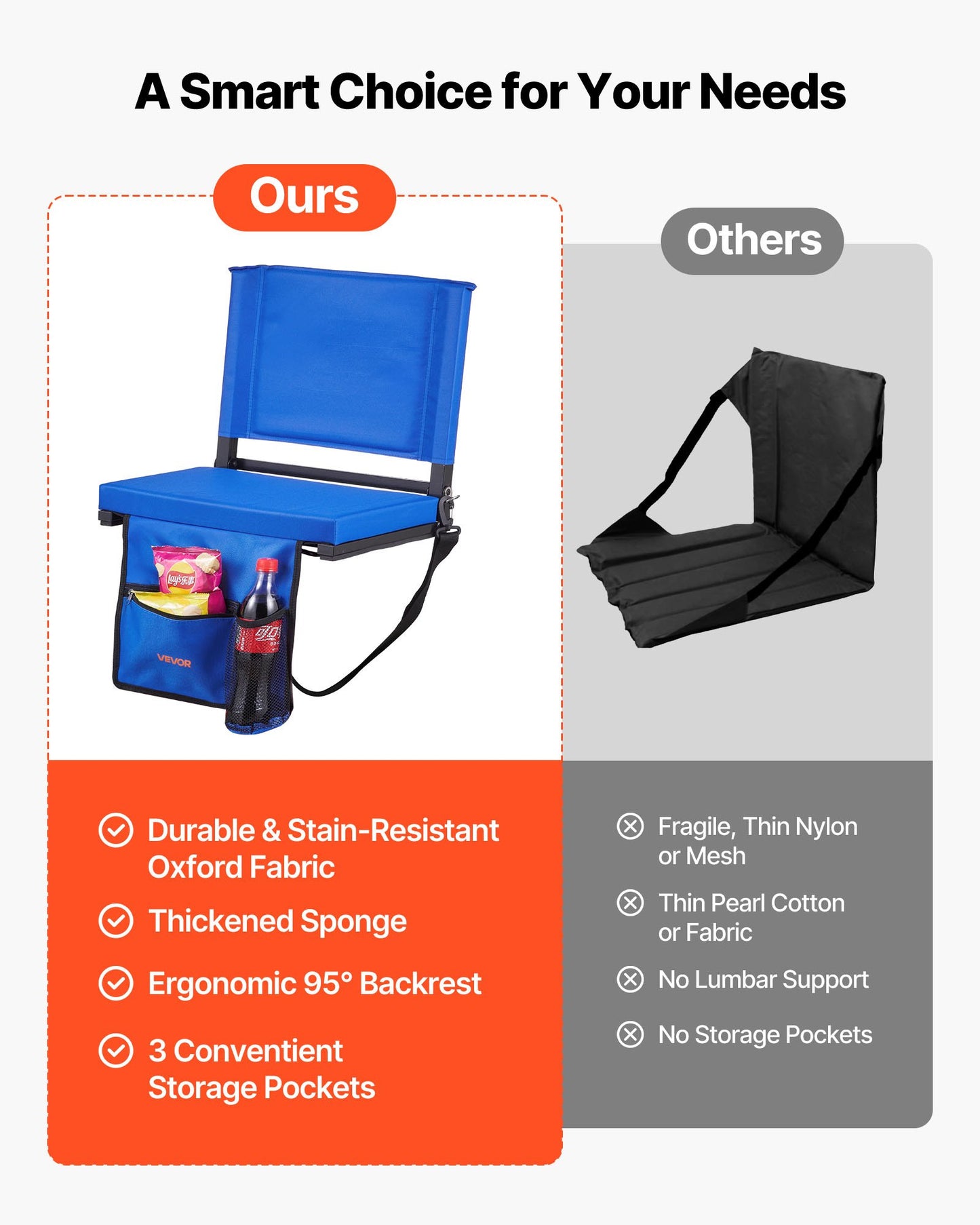 Stadionsäte, hopfällbart läktarsäte med ryggstöd och tjock kudde, vadderade stadionsäten för läktare inklusive axelrem, krokar, mugghållare och sidoficka, blå läktarstol