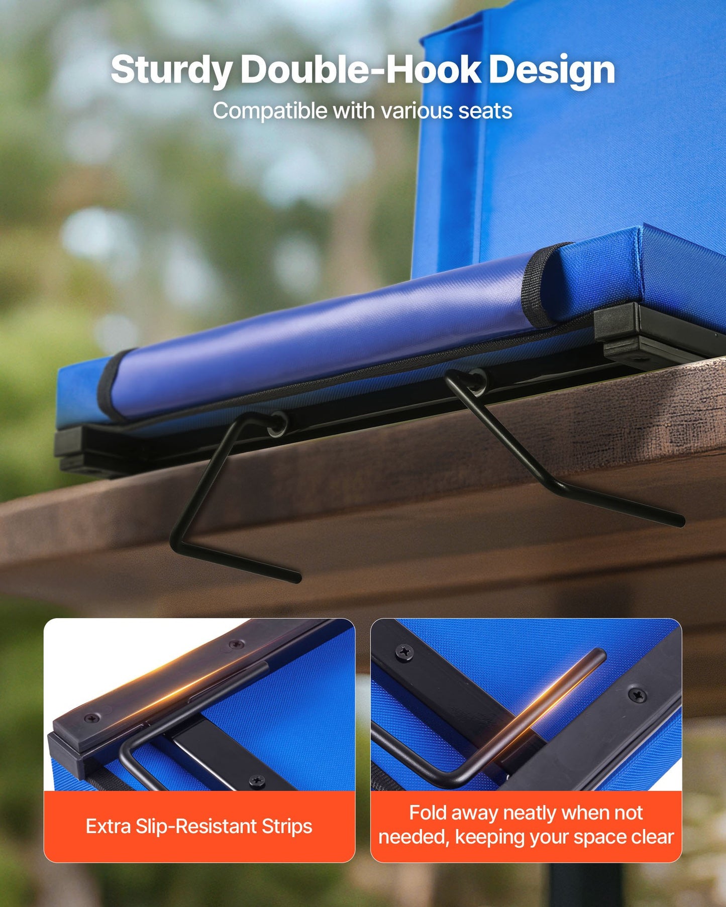 Stadionsäte, hopfällbart läktarsäte med ryggstöd och tjock kudde, vadderade stadionsäten för läktare inklusive axelrem, krokar, mugghållare och sidoficka, blå läktarstol