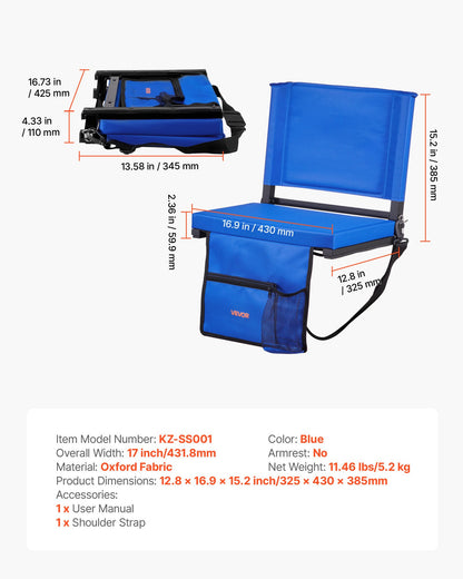 Stadionsäte, hopfällbart läktarsäte med ryggstöd och tjock kudde, vadderade stadionsäten för läktare inklusive axelrem, krokar, mugghållare och sidoficka, blå läktarstol