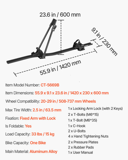 Takcykelhållare, 15 kg kapacitet, upprätt takmonterat cykelhållare med säkert låssystem för de flesta standardtvärstänger, upprätt takcykelhållare i aluminium, 1 cykelhållare för bil SUV, svart