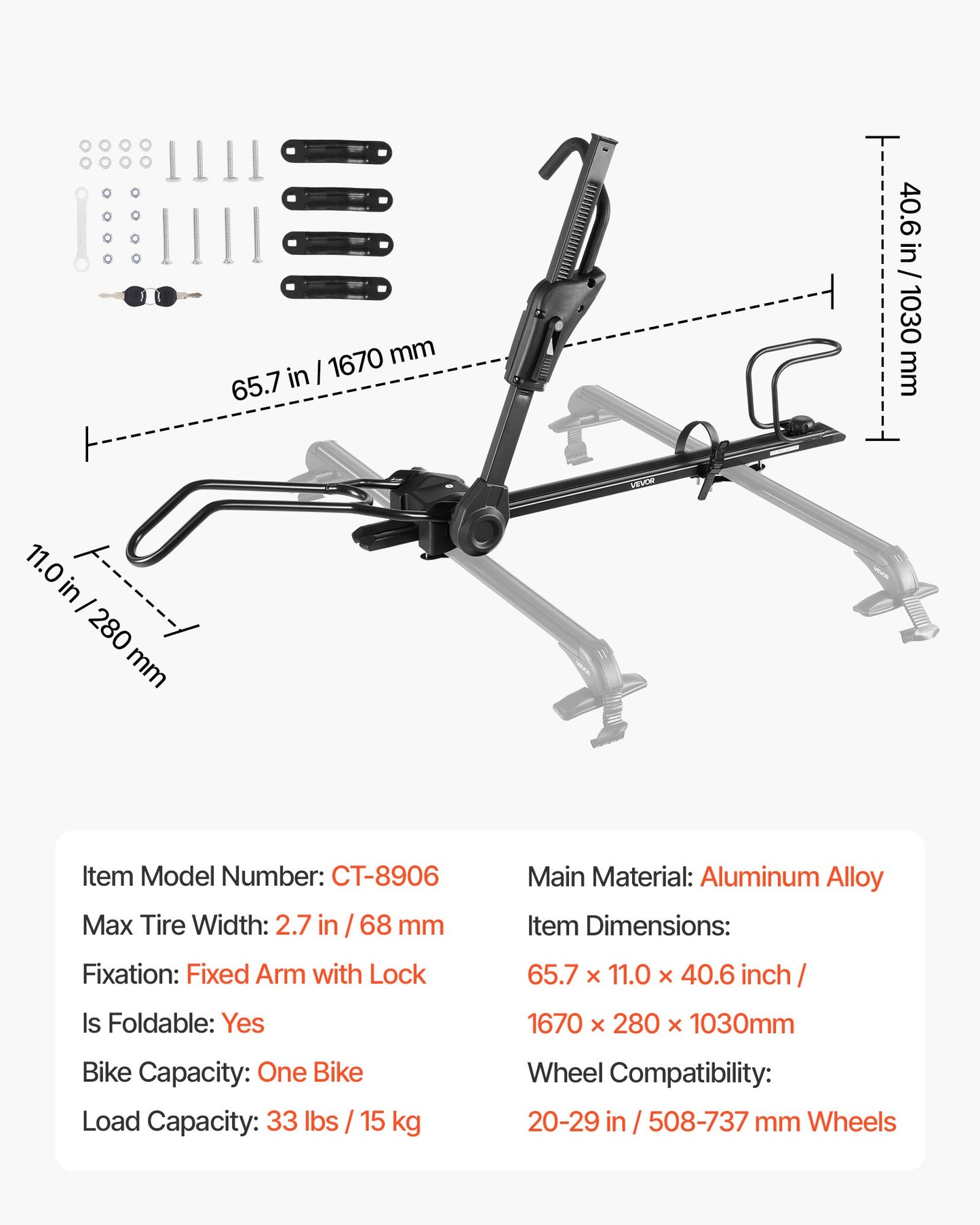 Takcykelhållare, 15 kg kapacitet, hopfällbar, upprätt takmonterad cykelhållare med låssystem och justerbar arm för T-spårsstänger, upprätt takcykelhållare för 1 cykelhållare för bil SUV, svart
