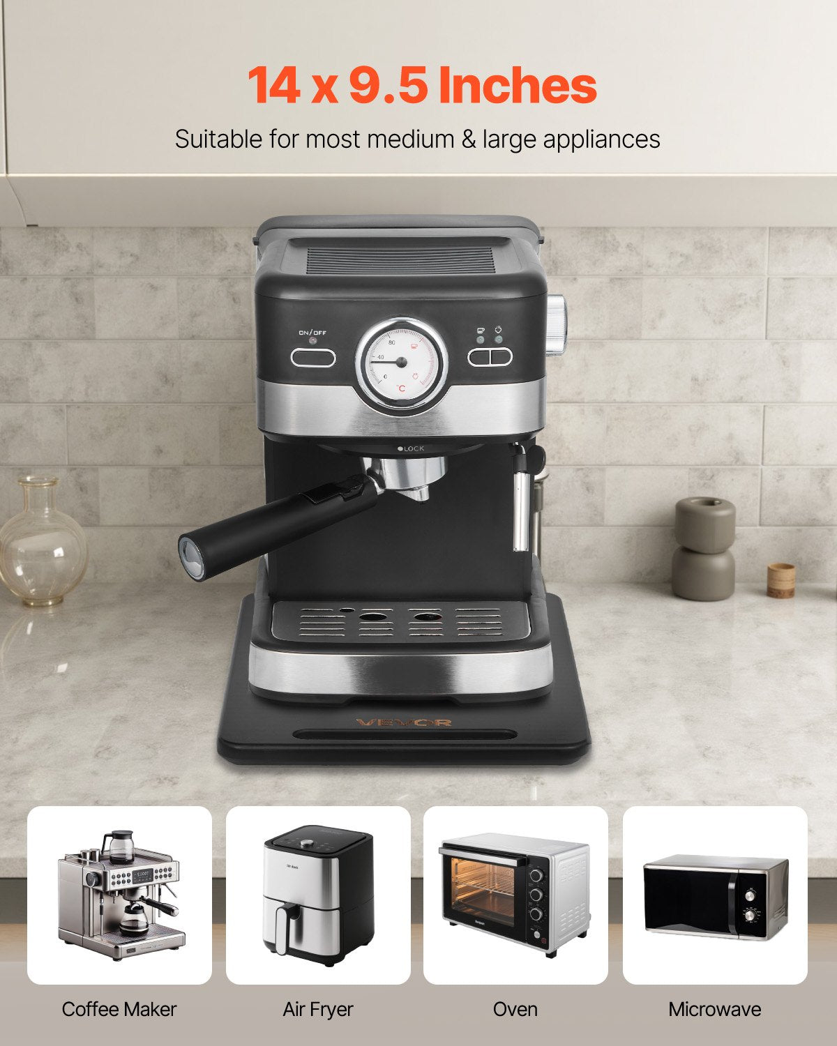 Apparatglidare, liten 14 x 9,5 tum, rullande glidbricka med tysta gummihjul och ihåligt handtag, lätt att rengöra, rullande bricka för kaffebryggare, köksbänkskiva, svart