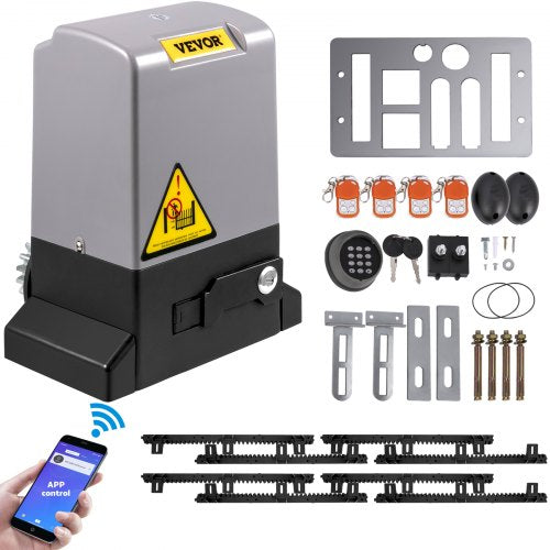 Skjutgrindsöppnare, 1800 KG 4 m, Automatisk skjutgrind med 4 fjärrkontroller och app-kontroll, Elektrisk rullande uppfartsskjutgrindsmotor, Komplett grindmotor, säkerhetssystem, kit