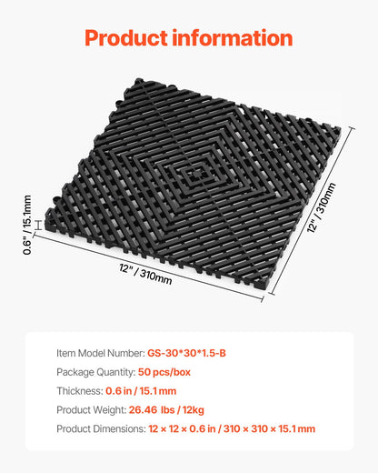 Sammankopplande dräneringsmatta, 30 x 30 cm modulär sammankopplande kudde, 50 st. skarvmattor för dränering, halkfria svarta PP-dräneringsgolvplattor och duschmatta, för garage, trädgård, kök och utomhusbruk